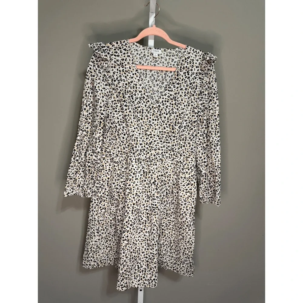 J.Crew Leopard Print Tiered Babydoll Mini Dress 100% Cotton V-Neck L‎ Momcore